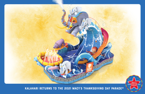 Kalahari Resorts and Conventions makes waves with a new float experience for the 95th annual Macy’s Thanksgiving Day Parade this November. The “Colossal Wave of Wonder” is inspired by moments that make family memories at America’s Largest Indoor Waterpark Resorts. For more information, visit: www.KalahariResorts.com. (Graphic: Business Wire)