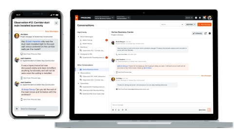 Procore Conversations, disponible en version pilote au quatrième trimestre 2021, permet d’intégrer une messagerie intuitive et contextuelle à la plateforme Procore. (Photo: Business Wire)