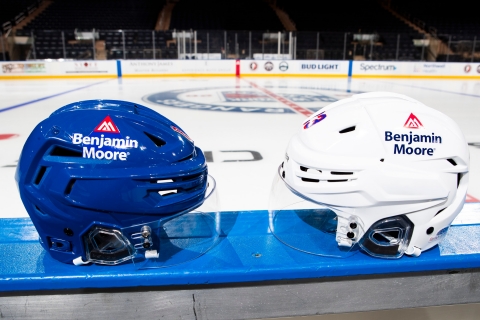 Rangers helmets featuring Benjamin Moore logo (Photo: MSG Photos)