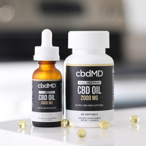 cbdMD tincture and soft gels, as part of the new full spectrum product offerings. (Photo: Business Wire)