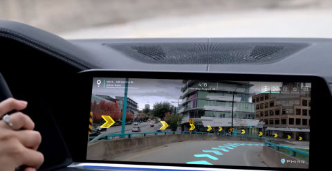 Phiar's AI-powered AR navigation on an in-vehicle display, providing a more intuitive navigational experience. (Photo: Business Wire)