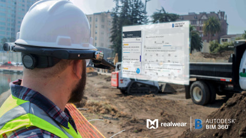Construction teams at Permasteelisa operate Autodesk software completely hands free with RealWear HMT-1 assisted reality device to boost productivity while enhancing safety. (Photo: Business Wire)