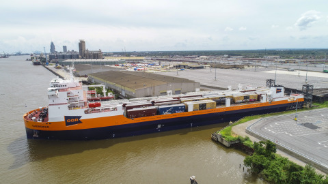 The Cherokee, the newest rail ferry in operation at CG Railway, LLC, sits at dock with loaded railcars. (Photo: Business Wire)
