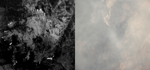 A thermal camera image (left) taken at the same time as a visible camera image (right). Both images were captured by one of Raven Aerostar's Thunderhead Balloon Systems while station-seeking above and monitoring a wildfire. While billowing smoke obscures the visual image, active flames are identified as bright white markings on the thermal image, offering actionable information for containment efforts. (Photo: Business Wire)