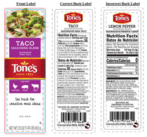 Above are images of the Tone’s Taco Seasoning Blend front label, the correct Tone’s Taco Seasoning Blend back label and the incorrect Tone’s Lemon Pepper Seasoning Blend back label. (Photo: Business Wire)