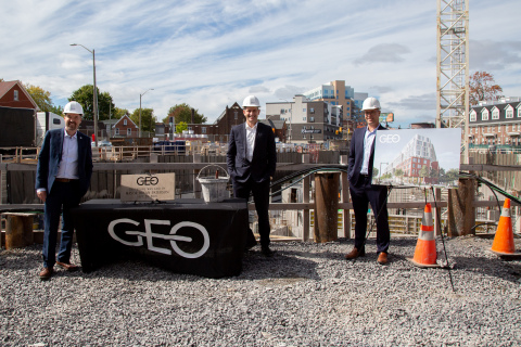 Podium Developments recently held a cornerstone ceremony for Geo, Kingston’s first large scale geothermal residential building. The stone was laid by (L-R) City of Kingston Mayor, Bryan Paterson and Podium Developments' Managing Directors, Bernard Luttmer and Oskar Johansson. (Photo: Billy-Jack Kimmerly)