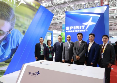Leaders from SF Airlines and Spirit AeroSystems met this week at the Air Show China in Zhuhai, China, to sign an agreement for Spirit to repair inlet cowlings on the airline's Boeing 757 freighter fleet. From left, Mr. Peter Huang, Vice President of SF Airlines; Ms. Judy Wu, General Manager of the Material Supply Department of SF Airlines; Mr. Tong Jian, President of Maintenance and Engineering Division, SF Airlines; Mr. Kailash Krishnaswamy, General Manager of Spirit AeroSystems (Hangzhou) Enterprise Management Consulting Co.; Mr. Li Sheng, Chief Executive Officer of SF Airlines; Mr. Tristan Ge, Spirit AeroSystems Sales Manager-Asia; and Mr. Jian Liu, Spirit AeroSystems Business Development Manager- Asia. (Photo: Business Wire)
