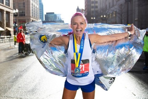iFIT Trainer Ashley Paulsen at the finish line of the 2019 Boston Marathon filmed on location by iFIT to create streaming iFIT workouts for interactive connected treadmills. (Photo: Business Wire)
