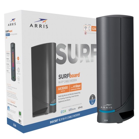 The ARRIS SURFboard G34 system comes with four-1 Gigabit Ethernet ports offering reliable wired connection to Ethernet devices. With AX3000 Wi-Fi 6 technology, the SURFboard G34 system enables customers to experience faster speeds in their home network. That means they can participate in video conference calls, stream the latest HD videos, or play games simultaneously, with ease. (Photo: Business Wire)