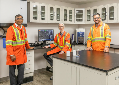 M.V. Reddy, PhD, Senior Professional Researcher, Martin Brassard, PhD, R&D Director, and Neel Rahem, Laboratory Manager, work in Nouveau Monde's new lab facilities. (Photo: Business Wire)