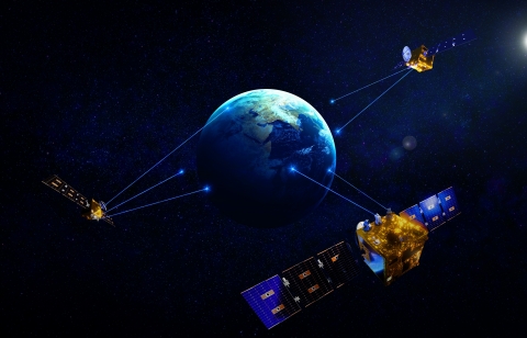 The image of WarpHub InterSat, consists of three relay satellites. Earth observation satellite operators can downlink the data to the ground at any time through our service. (Graphic: Business Wire)