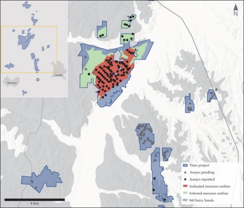 Titan Project mineral resource drill holes and outline, plus drill holes pending for potential inclusion in a mineral resource update. (Graphic: Business Wire)