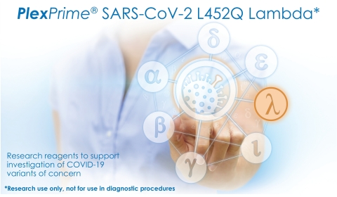 PlexPrime® SARS-CoV-2 L452Q Lambda* is a single well mix designed to detect the L452Q spike mutation of SARS-CoV-2 found in the C.37 variant of interest (Lambda)1, in addition to an RdRp gene target of SARS-CoV-2. This reagent is the third product in the PlexPrime® SARS-CoV-2 Genotyping portfolio and can be used as a stand-alone reflex or combined with PlexPrime® SARS-CoV-2 Alpha/Beta/Gamma+, and/or the PlexPrime®P681R Delta reagents. (Photo: Business Wire)