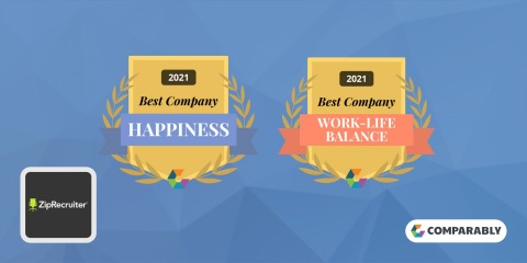 ZipRecruiter wins the Comparably Awards for Best Company: Happiness and Best Company: Work-Life Balance (Graphic: Business Wire)