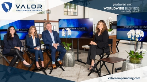 Valor Compounding Pharmacy, Executive Team - Right to Left: Rick Niemi, Founder and CEO; Christine Stephanos, RPh, Vice President and Chief Pharmacy Officer; Sherine Khalil, MPA, Vice President and Chief Business Officer - featured here with Kathy Ireland on Worldwide Business with kathy ireland. (Graphic: Business Wire)