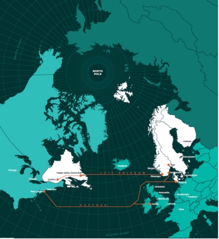 The Leif Erikson subsea fiber cable will form a northern route between Norway and Canada with 100% renewable energy feed from both sides of the Atlantic. (Graphic: Business Wire)