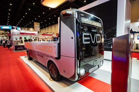EVO.1 — a fully autonomous all-electric/hydrogen truck developed and manufactured by Evocargo, unmanned logistics service provider, that started to offer its services in Europe, UK and Middle East in 2021. (Photo: Business Wire)