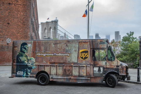 Image of a Star Wars Jawa sandcrawler-inspired wrapped UPS vehicle in New York City in celebration of Bring Home the Bounty. Photo Credit: UPS