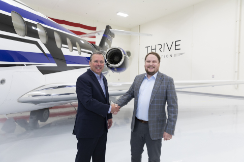 original Las Vegas-based private aviation charter operator Thrive Aviation has placed an order for three additional Cessna Citation Longitude business jets. Pictured: Lannie O’Bannion, senior vice president of Sales and Flight Ops, Textron Aviation (left) and Curtis Edenfield, CEO of Thrive Aviation. (Photo: Business Wire)