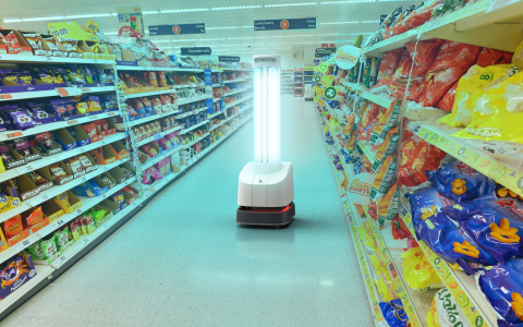 The autonomous UVD Robots provide comprehensive infection prevention using germicidal UV-C lighting against viruses and bacteria on surfaces and the air, killing more than 99.99 percent of microorganisms including SARS-CoV 2 (coronaviruses) and E. Coli, enabling a safe and secure shopping environment. (Photo: Business Wire)