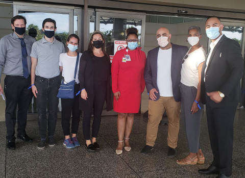 Dr. Aleksandr Melamud, Dr. Joseph Ciano, Emily Fawcett, RN, Christina Michels, RN, Ms. Juliette Sutherland, Executive Chairman of the Queen Elizabeth Hospital, Dr. Eric Cioe-Pena, Northwell Health, The Center for Global Health, Dr. Maria Cioe-Pena, Mr. Daniel Leon, CGH Admin. (Photo: Business Wire)