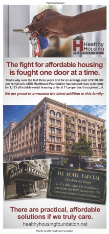 To mark its recent acquisition of the Barclay Hotel and promote the adaptive reuse of existing older buildings as affordable housing stock for extremely-low-income and homeless individuals, the Healthy Housing Foundation will also run a full-page advocacy ad in this Sunday’s Los Angeles Times (10/17/21). (Photo: Business Wire)
