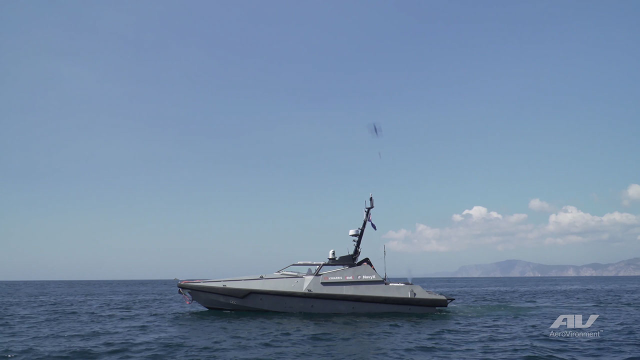 Switchblade 300 launched from a U.K. unmanned/uncrewed surface vessel, the Maritime Autonomy Demonstrator for Operational eXperimentation (MADFOX), as part of a U.S/U.K. Interoperability to Interchangeability (I2I) initiative using unmanned/uncrewed systems. (Video: AeroVironment, Inc. and Royal Navy)