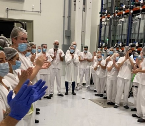 Employees in the production facility hear the news for the first time that Navaya has officially received its sales licence. Boisbriand, Quebec, October 13. Photo Credit: Navaya Inc.