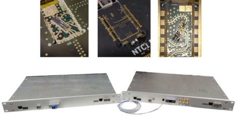 Prototype optical integrated circuit and chip-based quantum cryptography communication system. (Top row, from left: quantum transmitter chip, quantum receiver chip, quantum random number generator chip. Bottom row: Chip-based quantum cryptography communication system) (Graphic: Business Wire)