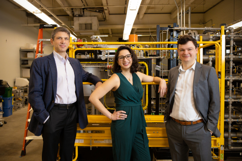 Founders, Jeff Grossman (Chief Scientist), Shreya Dave (CEO) & Brent Keller (CTO) in front of their pilot system in Watertown, MA (Photo: Business Wire)