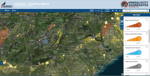 Screen capture of the Burgex Mineralocity Aggregates platform showing crushed stone, sand, and gravel producers within the southeastern United States as well as visual representations of production volume and underlying geology of primary aggregate producing units. (Graphic: Business Wire)