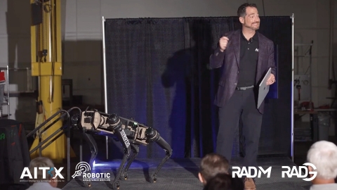 AITX CEO Steve Reinharz introduces RAD’s yet unnamed robotic dog, part of the RAD 3.0 product offering, at AITX Investors Open House held October 13, 2021, at the company’s REX (RAD Excellence Center) in Detroit, Michigan (Photo: Business Wire)