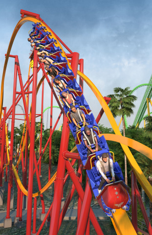 WONDER WOMAN Flight of Courage riders will fly single file through 3,300 feet of track, towering 13 stories, and reaching speeds up to 58 miles-per-hour. (Photo: Business Wire)