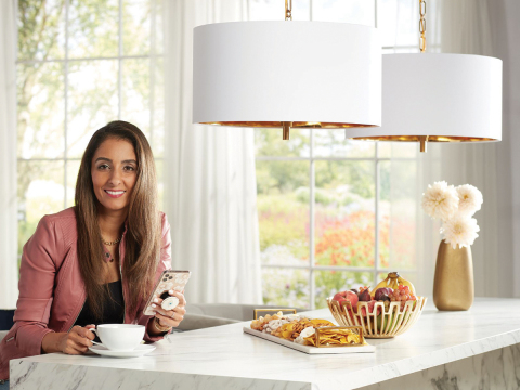 Farah Merhi is a prominent home and family content creator. Her new Inspire Me! Home Decor lighting collection includes the Rochelle White Drum Pendant Light. (Photo: Business Wire)