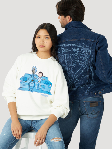 The full Wrangler x Rick and Morty collection includes four original designs: two 100% cotton french terry crew neck sweatshirts, a 100% cotton french terry hoodie sweatshirt, and a denim jacket with custom artwork lasered on the back. (Photo: Business Wire)