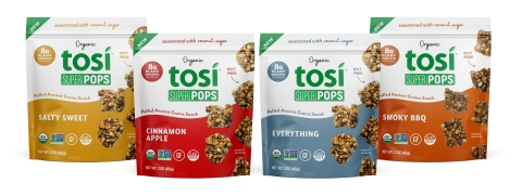 Tosi's crowd-pleasing SuperPops flavors - Salty Sweet, Cinnamon Apple, Everything, and Smoky BBQ (Photo: Business Wire)
