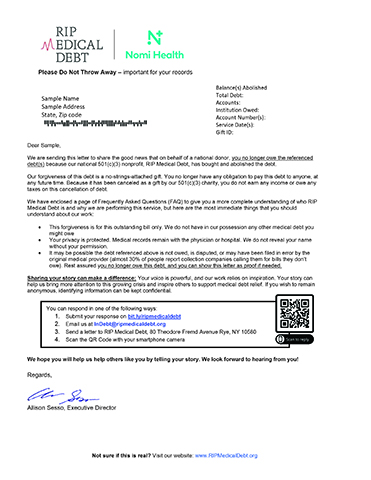 Sample letter notifying people of the medical debt relief from Nomi Health and RIP Medical Debt.