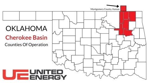 Today United Energy announces it has reached an agreement to acquire the remaining 51% of properties located in Nowata, Washington, Rogers, and Tulsa Counties in Oklahoma and Montgomery County in Kansas, also known as the Cherokee Basin. “This acquisition gives United Energy 100% control of its operations and was a key essential step in our developmental plans and growth in shareholder value.” Brian Guinn, UE CEO.  
Combined with its reactivation of several compressor sites and leases from its existing assets, United Energy is confident the Company will reach its production target of 2,500 MCFD by Q4. United Energy’s leadership team has over 150 years of combined experience – including key performance areas such as: Investment strategies, acquisitions, development of more than 500,000 acres of oil and gas leasehold, extensive experience in the securities industry and energy field operations at every level. Profitability. Responsibility. Sustainability. United Energy Corporation. (Graphic: Business Wire)