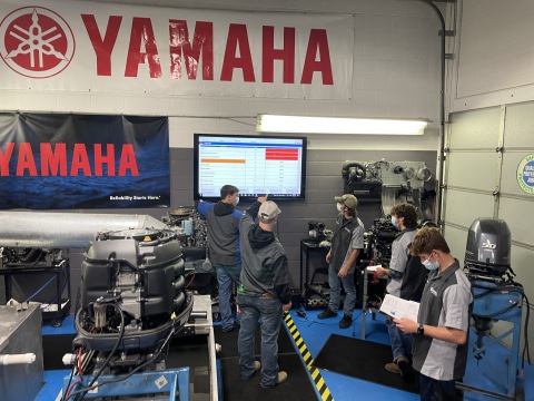 Bennington Marine this month donated a T50 outboard and an F200 outboard to Impact Institute, a Yamaha Marine Technical School Partner (TSP) in Kendallville, Indiana. Yamaha matched the donation with a 4.2-liter F300 V6 outboard. (Photo: Business Wire)