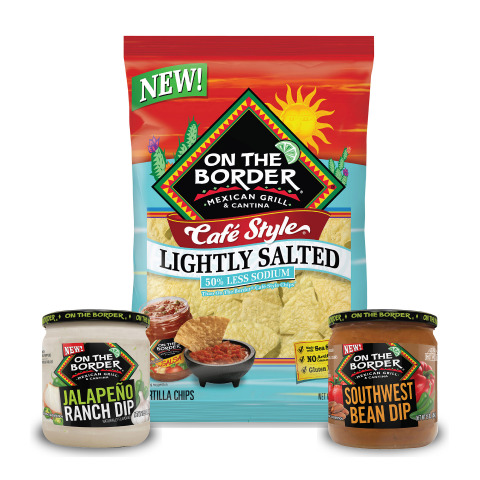 NEW ON THE BORDER® Southwest Bean Dip, Jalapeño Ranch Dip and Lightly Salted Café Style Tortilla Chips. You’ll love ’m! (Source: Utz Brands, Inc.)