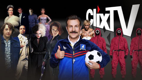 original ClixTV: TOP TEN STREAMING HALLOWEEN COSTUMES MONTAGE; From Top Left to Right: Claire Foy as a young Queen Elizabeth with Matt Smith as a young Prince Philip in The Crown; James Jude as masked monster, Michael Myers in Halloween Kills; Camilla Cabello as Cinderella; From Bottom Left to Right: Michael Gandolfini as a young Tony Soprano in Many Saint of Newark; Lin-Manuel Miranda in Hamilton; Emma Stone as Cruella; Scarlett Johansson as the Black Widow; at center - Jason Sudeikis as Ted Lasso; Jake Paul, boxing champ, Jake Paul vs Tyron Woodley boxing match; Masked guards in Squid Game (Photo: ClixTV)