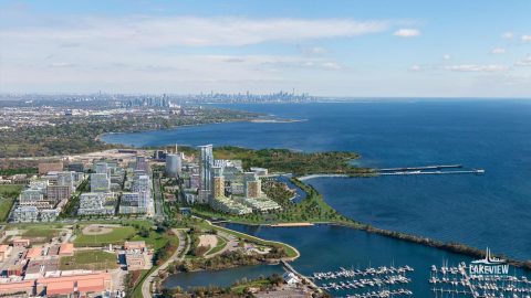 Aerial View of Lakeview Village looking East - Renderings by Cicada Design Inc., Toronto, Canada ©Lakeview Community Partners Limited