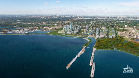 Aerial View of Lakeview Village - Renderings by Cicada Design Inc., Toronto, Canada ©Lakeview Community Partners Limited