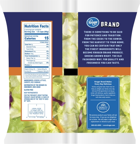 12 oz Kroger™ Brand Garden Salad Lot: N28211A and N28211B UPC: 0-11110-91036-3 (Photo: Business Wire)