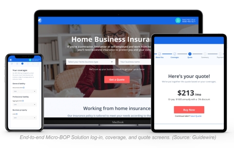 thumbnail End-to-end Micro-BOP Solution log-in, coverage, and quote screens. (Source: Guidewire)