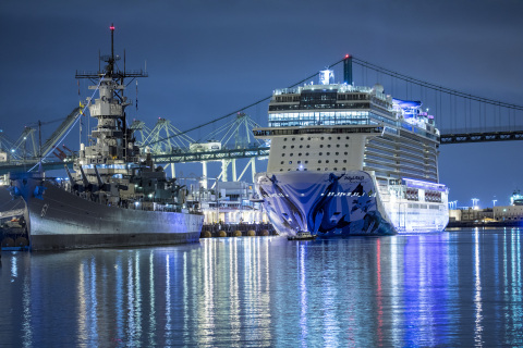 Norwegian Cruise Line's Norwegian Bliss sails down the LA Waterfront at the Port of Los Angeles. (Photo: Business Wire)