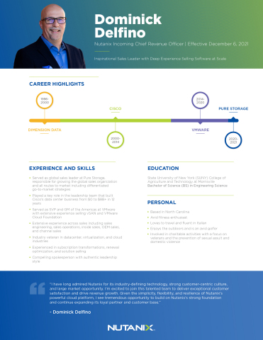 Dominick Delfino, Nutanix Incoming Chief Revenue Officer: Career Highlights, Skills, Experience, and Background (Graphic: Business Wire)