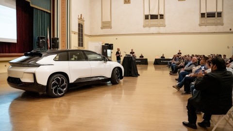 Matt Tall, Vice President of Manufacturing at Faraday Future (FF) Speaks at the Recent FF Community Day in Hanford, California. (Photo: Business Wire)