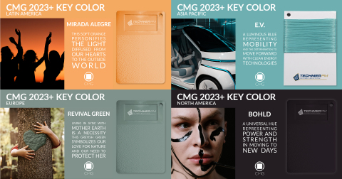 These four colors -- which comprise CMG's 2023+ World Color Forecast™ Key Colors –– offer a glimpse of future color directions, while using sustainable material samples from Techmer PM that help to reinforce the vital need to promote a more circular economy going forward. (Photo: Business Wire)