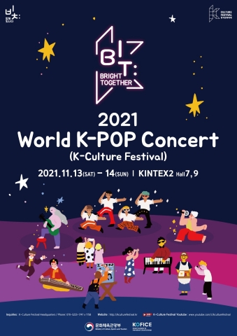 ２０２１ワールドＫ－ＰＯＰコンサート（韓国文化フェスティバル）が11月13日(土)と14日(日)の2日間にわたり高陽市キンテックスで行われ、「韓国文化フェスティバル」公式YouTubeチャンネルでオンライン生中継される。国内外のポップ・ヒップホップアーティストが共にする華麗なステージと期待のK-popアーティストと有名インフルエンサーが共にする体験プログラムなどが準備された。 （画像：ビジネスワイヤ）